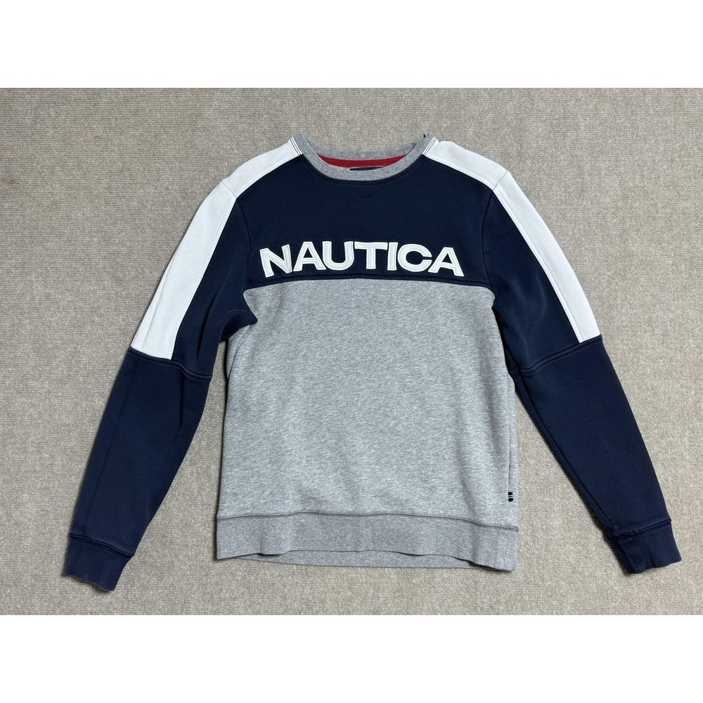 Nautica Sweater Mens Small Crewneck Pullover‎ Colorblock Cotton Blend Navy Gray